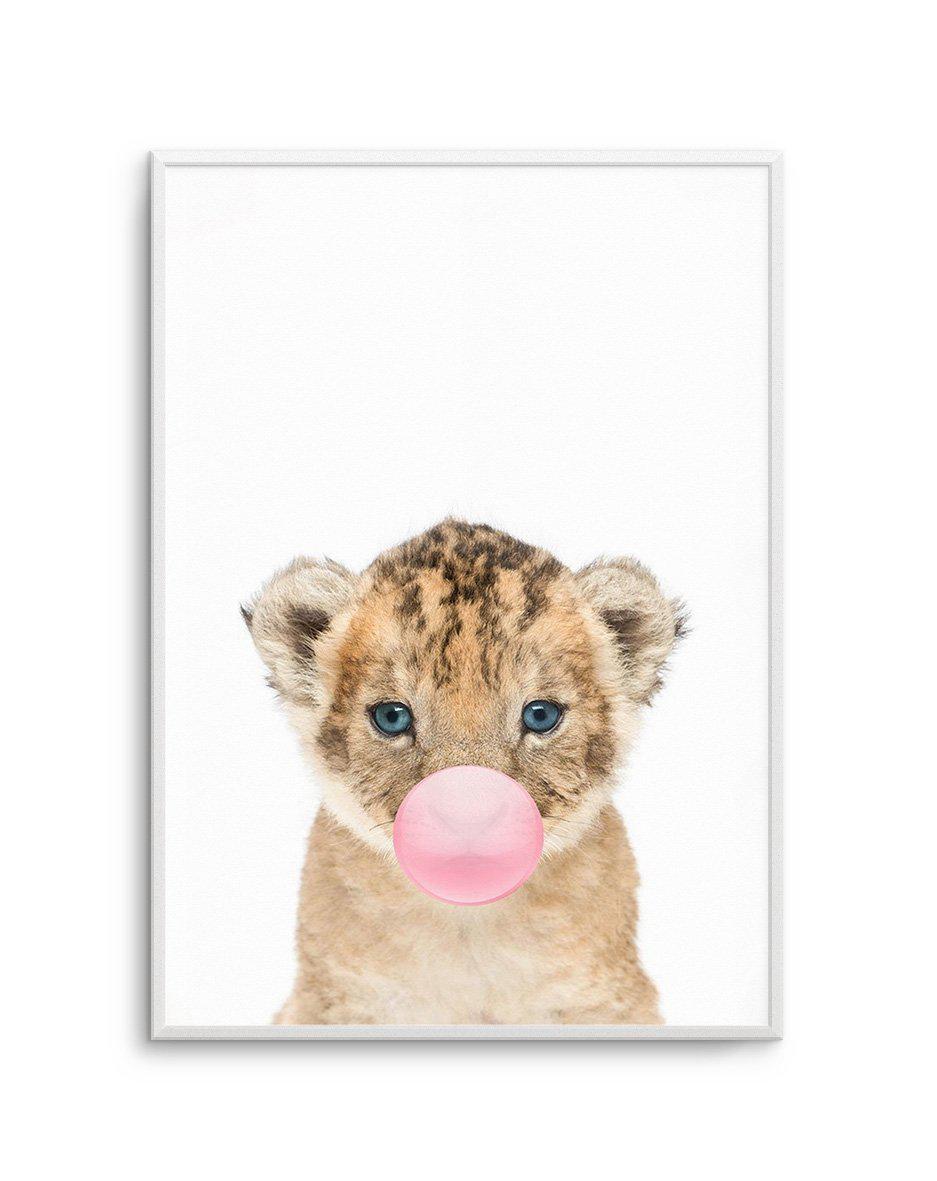 Little Lion Cub | Blowing Pink Bubble Art Print-PRINT-Olive et Oriel-Olive et Oriel-A5 | 5.8" x 8.3" | 14.8 x 21cm-Unframed Art Print-With White Border-Buy-Australian-Art-Prints-Online-with-Olive-et-Oriel-Your-Artwork-Specialists-Austrailia-Decorate-With-Coastal-Photo-Wall-Art-Prints-From-Our-Beach-House-Artwork-Collection-Fine-Poster-and-Framed-Artwork