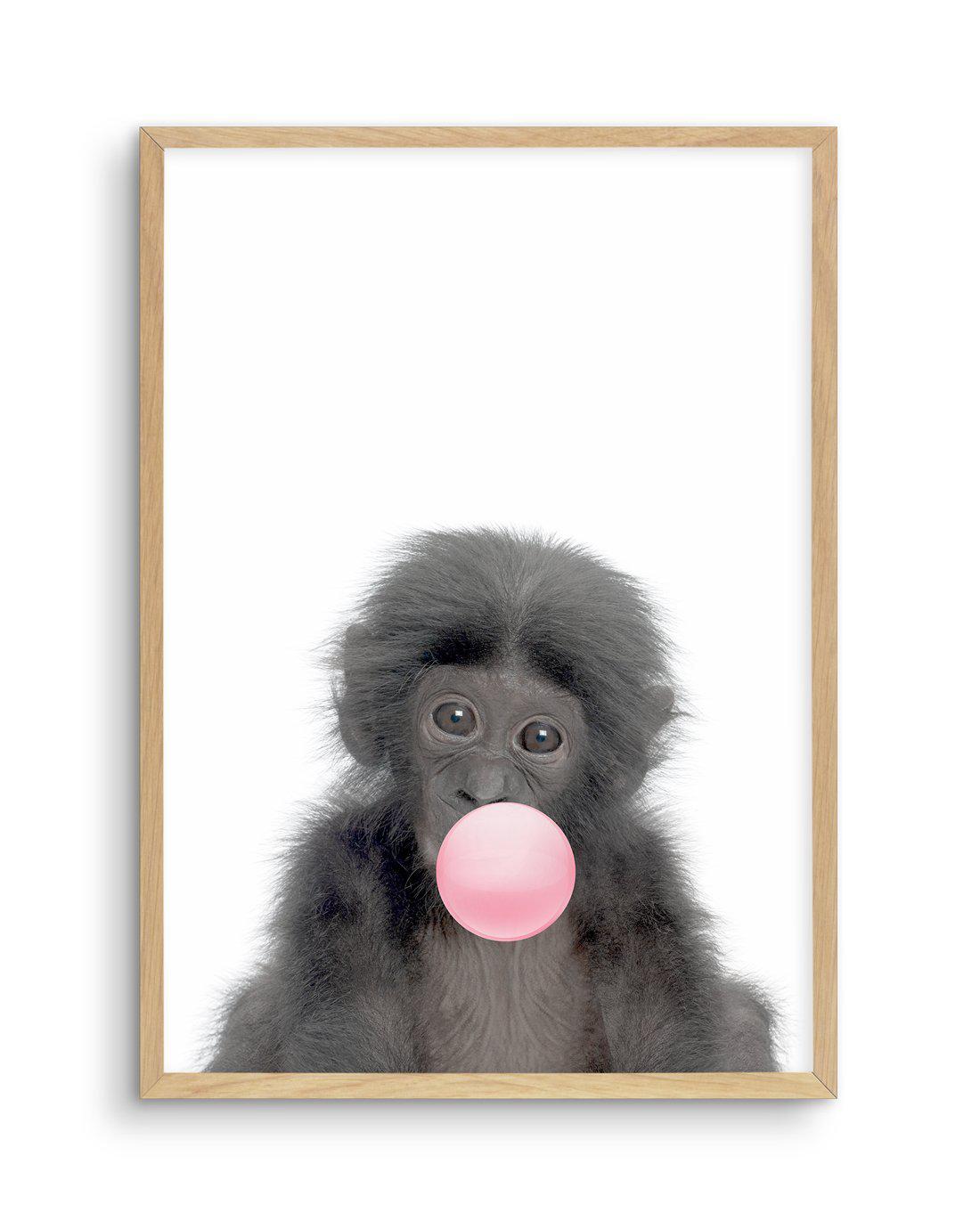 Little Monkey | Blowing Pink Bubble Art Print-PRINT-Olive et Oriel-Olive et Oriel-A5 | 5.8" x 8.3" | 14.8 x 21cm-Oak-With White Border-Buy-Australian-Art-Prints-Online-with-Olive-et-Oriel-Your-Artwork-Specialists-Austrailia-Decorate-With-Coastal-Photo-Wall-Art-Prints-From-Our-Beach-House-Artwork-Collection-Fine-Poster-and-Framed-Artwork