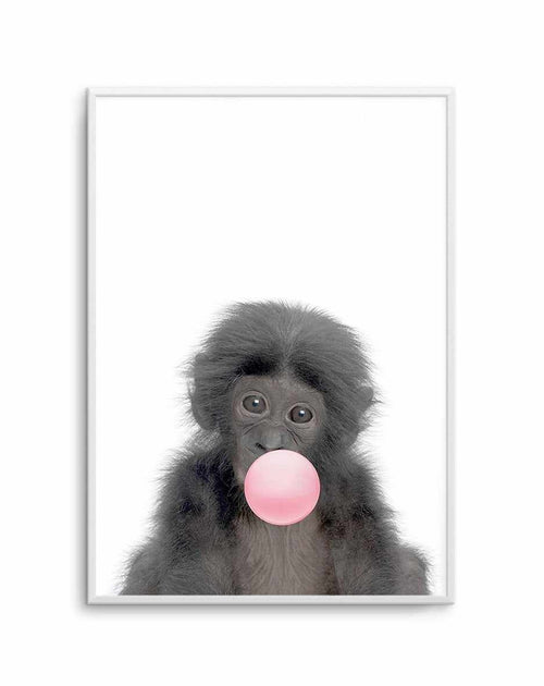 Little Monkey | Blowing Pink Bubble Art Print-PRINT-Olive et Oriel-Olive et Oriel-A5 | 5.8" x 8.3" | 14.8 x 21cm-Unframed Art Print-With White Border-Buy-Australian-Art-Prints-Online-with-Olive-et-Oriel-Your-Artwork-Specialists-Austrailia-Decorate-With-Coastal-Photo-Wall-Art-Prints-From-Our-Beach-House-Artwork-Collection-Fine-Poster-and-Framed-Artwork