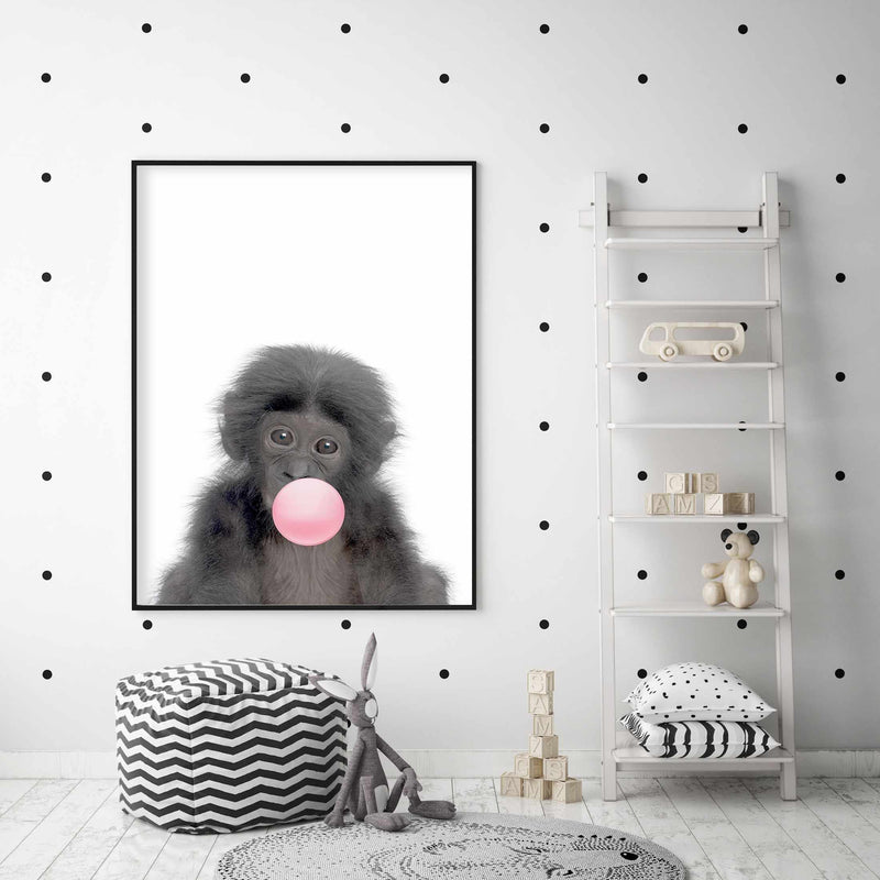 Little Monkey | Blowing Pink Bubble Art Print-PRINT-Olive et Oriel-Olive et Oriel-Buy-Australian-Art-Prints-Online-with-Olive-et-Oriel-Your-Artwork-Specialists-Austrailia-Decorate-With-Coastal-Photo-Wall-Art-Prints-From-Our-Beach-House-Artwork-Collection-Fine-Poster-and-Framed-Artwork