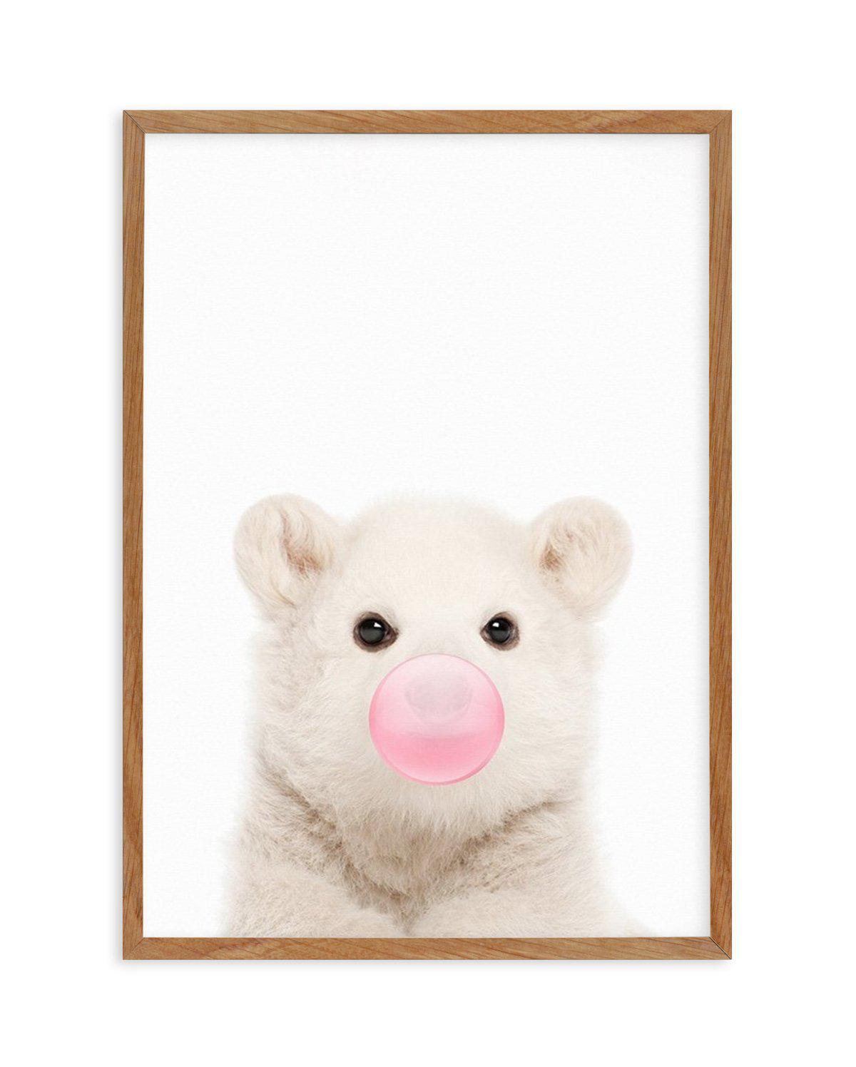 Little Polar Bear | Blowing Pink Bubble Art Print-PRINT-Olive et Oriel-Olive et Oriel-Buy-Australian-Art-Prints-Online-with-Olive-et-Oriel-Your-Artwork-Specialists-Austrailia-Decorate-With-Coastal-Photo-Wall-Art-Prints-From-Our-Beach-House-Artwork-Collection-Fine-Poster-and-Framed-Artwork