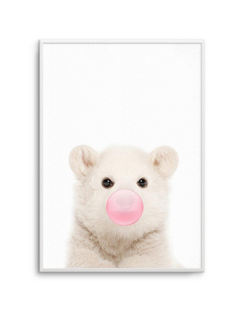 Little Polar Bear | Blowing Pink Bubble Art Print-PRINT-Olive et Oriel-Olive et Oriel-A5 | 5.8" x 8.3" | 14.8 x 21cm-Unframed Art Print-With White Border-Buy-Australian-Art-Prints-Online-with-Olive-et-Oriel-Your-Artwork-Specialists-Austrailia-Decorate-With-Coastal-Photo-Wall-Art-Prints-From-Our-Beach-House-Artwork-Collection-Fine-Poster-and-Framed-Artwork