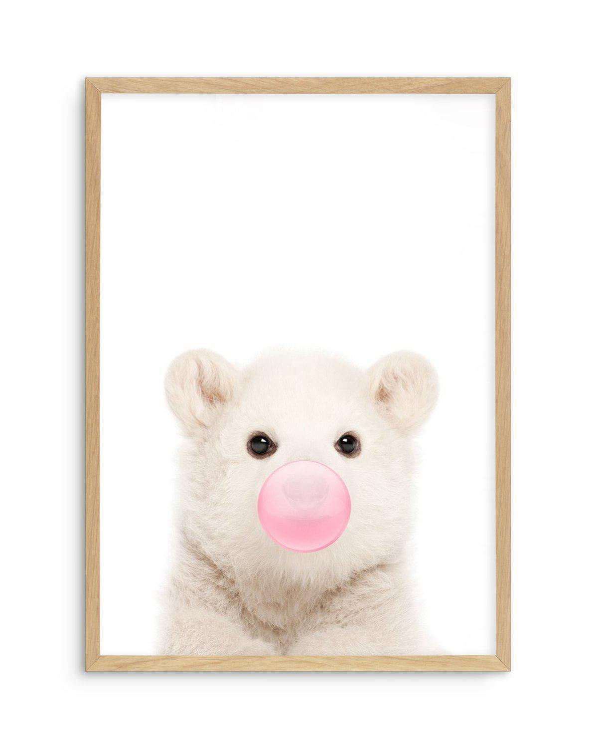 Little Polar Bear | Blowing Pink Bubble Art Print-PRINT-Olive et Oriel-Olive et Oriel-A5 | 5.8" x 8.3" | 14.8 x 21cm-Oak-With White Border-Buy-Australian-Art-Prints-Online-with-Olive-et-Oriel-Your-Artwork-Specialists-Austrailia-Decorate-With-Coastal-Photo-Wall-Art-Prints-From-Our-Beach-House-Artwork-Collection-Fine-Poster-and-Framed-Artwork