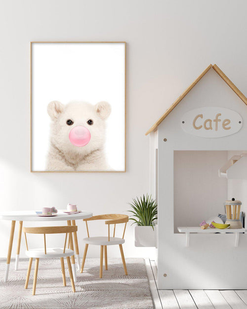 Little Polar Bear | Blowing Pink Bubble Art Print-PRINT-Olive et Oriel-Olive et Oriel-Buy-Australian-Art-Prints-Online-with-Olive-et-Oriel-Your-Artwork-Specialists-Austrailia-Decorate-With-Coastal-Photo-Wall-Art-Prints-From-Our-Beach-House-Artwork-Collection-Fine-Poster-and-Framed-Artwork