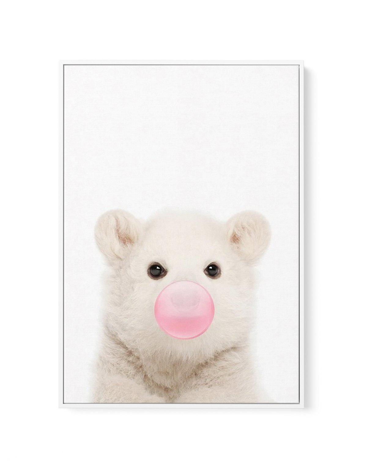 Little Polar Bear | Blowing Pink Bubble | Framed Canvas-CANVAS-You can shop wall art online with Olive et Oriel for everything from abstract art to fun kids wall art. Our beautiful modern art prints and canvas art are available from large canvas prints to wall art paintings and our proudly Australian artwork collection offers only the highest quality framed large wall art and canvas art Australia - You can buy fashion photography prints or Hampton print posters and paintings on canvas from Olive