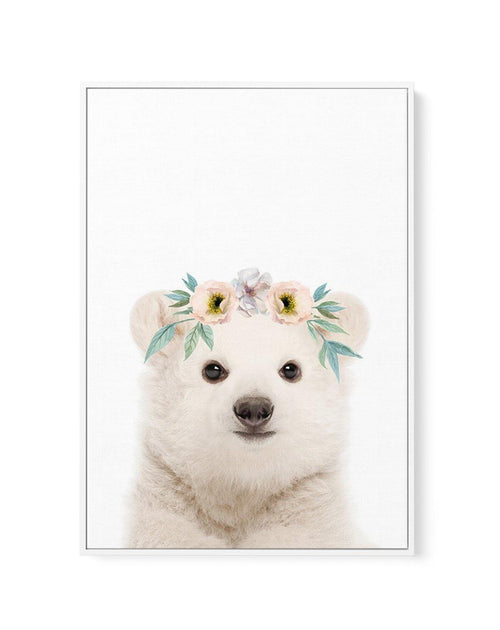 Little Polar Bear | Flower Crown | Framed Canvas-CANVAS-You can shop wall art online with Olive et Oriel for everything from abstract art to fun kids wall art. Our beautiful modern art prints and canvas art are available from large canvas prints to wall art paintings and our proudly Australian artwork collection offers only the highest quality framed large wall art and canvas art Australia - You can buy fashion photography prints or Hampton print posters and paintings on canvas from Olive et Ori