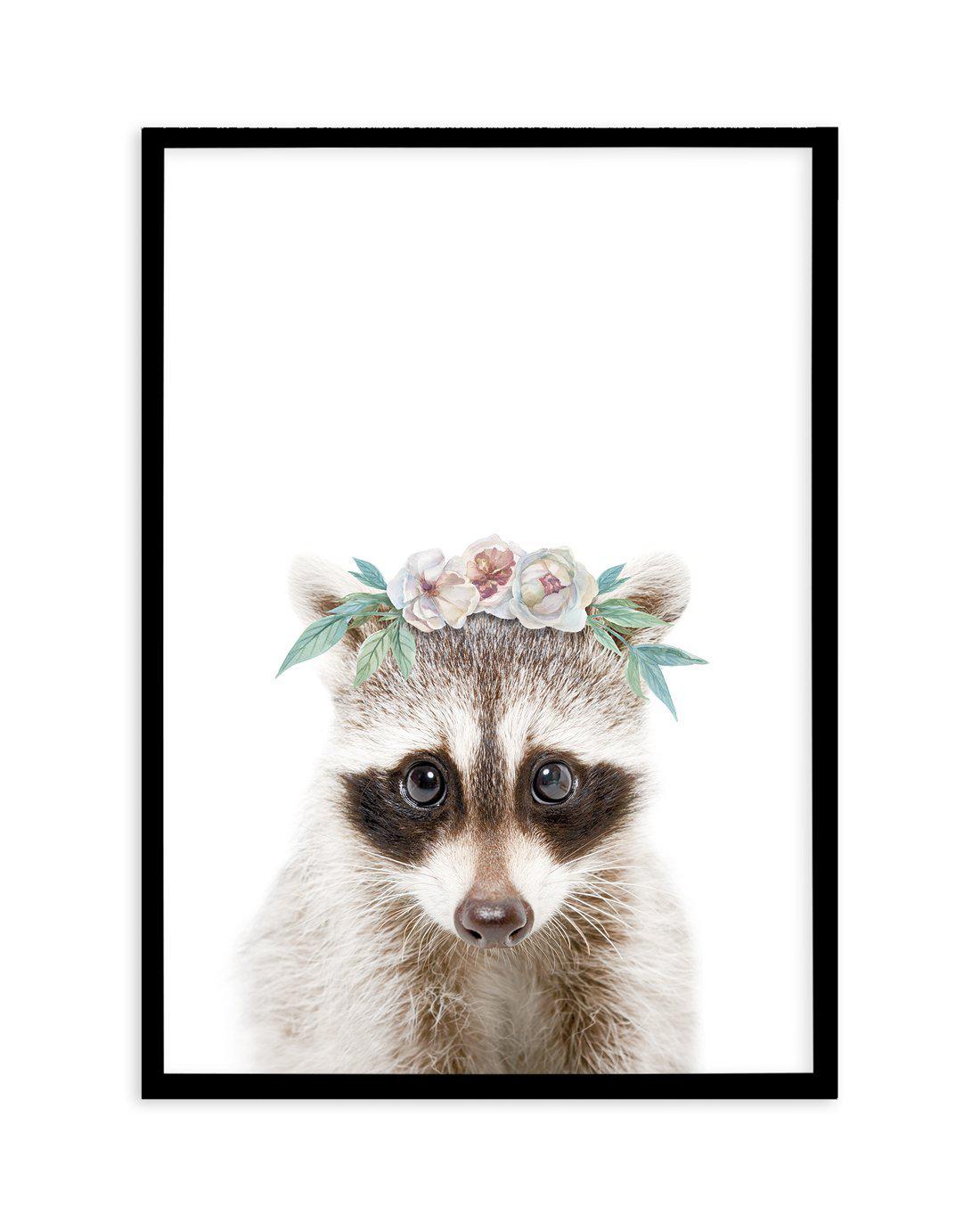 Little Raccoon | Flower Crown Art Print-PRINT-Olive et Oriel-Olive et Oriel-A5 | 5.8" x 8.3" | 14.8 x 21cm-Black-With White Border-Buy-Australian-Art-Prints-Online-with-Olive-et-Oriel-Your-Artwork-Specialists-Austrailia-Decorate-With-Coastal-Photo-Wall-Art-Prints-From-Our-Beach-House-Artwork-Collection-Fine-Poster-and-Framed-Artwork