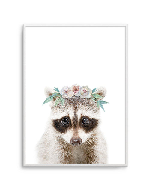 Little Raccoon | Flower Crown Art Print-PRINT-Olive et Oriel-Olive et Oriel-A5 | 5.8" x 8.3" | 14.8 x 21cm-Unframed Art Print-With White Border-Buy-Australian-Art-Prints-Online-with-Olive-et-Oriel-Your-Artwork-Specialists-Austrailia-Decorate-With-Coastal-Photo-Wall-Art-Prints-From-Our-Beach-House-Artwork-Collection-Fine-Poster-and-Framed-Artwork