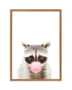 Little Raccoon | Blowing Pink Bubble Art Print-PRINT-Olive et Oriel-Olive et Oriel-Buy-Australian-Art-Prints-Online-with-Olive-et-Oriel-Your-Artwork-Specialists-Austrailia-Decorate-With-Coastal-Photo-Wall-Art-Prints-From-Our-Beach-House-Artwork-Collection-Fine-Poster-and-Framed-Artwork