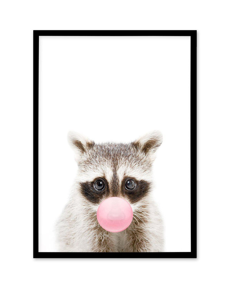 Little Raccoon | Blowing Pink Bubble Art Print-PRINT-Olive et Oriel-Olive et Oriel-A5 | 5.8" x 8.3" | 14.8 x 21cm-Black-With White Border-Buy-Australian-Art-Prints-Online-with-Olive-et-Oriel-Your-Artwork-Specialists-Austrailia-Decorate-With-Coastal-Photo-Wall-Art-Prints-From-Our-Beach-House-Artwork-Collection-Fine-Poster-and-Framed-Artwork