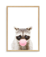 Little Raccoon | Blowing Pink Bubble Art Print-PRINT-Olive et Oriel-Olive et Oriel-A5 | 5.8" x 8.3" | 14.8 x 21cm-Oak-With White Border-Buy-Australian-Art-Prints-Online-with-Olive-et-Oriel-Your-Artwork-Specialists-Austrailia-Decorate-With-Coastal-Photo-Wall-Art-Prints-From-Our-Beach-House-Artwork-Collection-Fine-Poster-and-Framed-Artwork