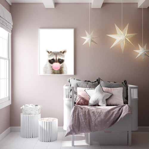 Little Raccoon | Blowing Pink Bubble Art Print-PRINT-Olive et Oriel-Olive et Oriel-Buy-Australian-Art-Prints-Online-with-Olive-et-Oriel-Your-Artwork-Specialists-Austrailia-Decorate-With-Coastal-Photo-Wall-Art-Prints-From-Our-Beach-House-Artwork-Collection-Fine-Poster-and-Framed-Artwork