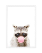 Little Raccoon | Blowing Pink Bubble Art Print-PRINT-Olive et Oriel-Olive et Oriel-A5 | 5.8" x 8.3" | 14.8 x 21cm-White-With White Border-Buy-Australian-Art-Prints-Online-with-Olive-et-Oriel-Your-Artwork-Specialists-Austrailia-Decorate-With-Coastal-Photo-Wall-Art-Prints-From-Our-Beach-House-Artwork-Collection-Fine-Poster-and-Framed-Artwork