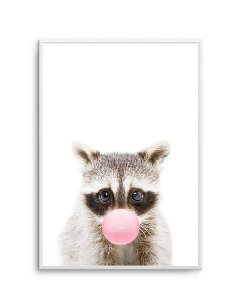 Little Raccoon | Blowing Pink Bubble Art Print-PRINT-Olive et Oriel-Olive et Oriel-A5 | 5.8" x 8.3" | 14.8 x 21cm-Unframed Art Print-With White Border-Buy-Australian-Art-Prints-Online-with-Olive-et-Oriel-Your-Artwork-Specialists-Austrailia-Decorate-With-Coastal-Photo-Wall-Art-Prints-From-Our-Beach-House-Artwork-Collection-Fine-Poster-and-Framed-Artwork