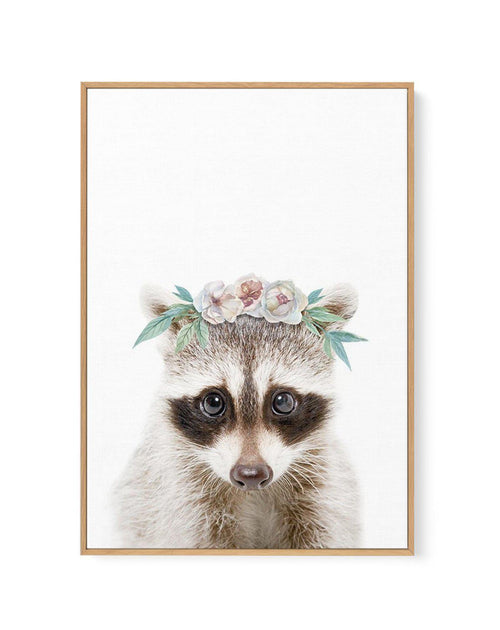Little Raccoon | Flower Crown | Framed Canvas-CANVAS-You can shop wall art online with Olive et Oriel for everything from abstract art to fun kids wall art. Our beautiful modern art prints and canvas art are available from large canvas prints to wall art paintings and our proudly Australian artwork collection offers only the highest quality framed large wall art and canvas art Australia - You can buy fashion photography prints or Hampton print posters and paintings on canvas from Olive et Oriel 