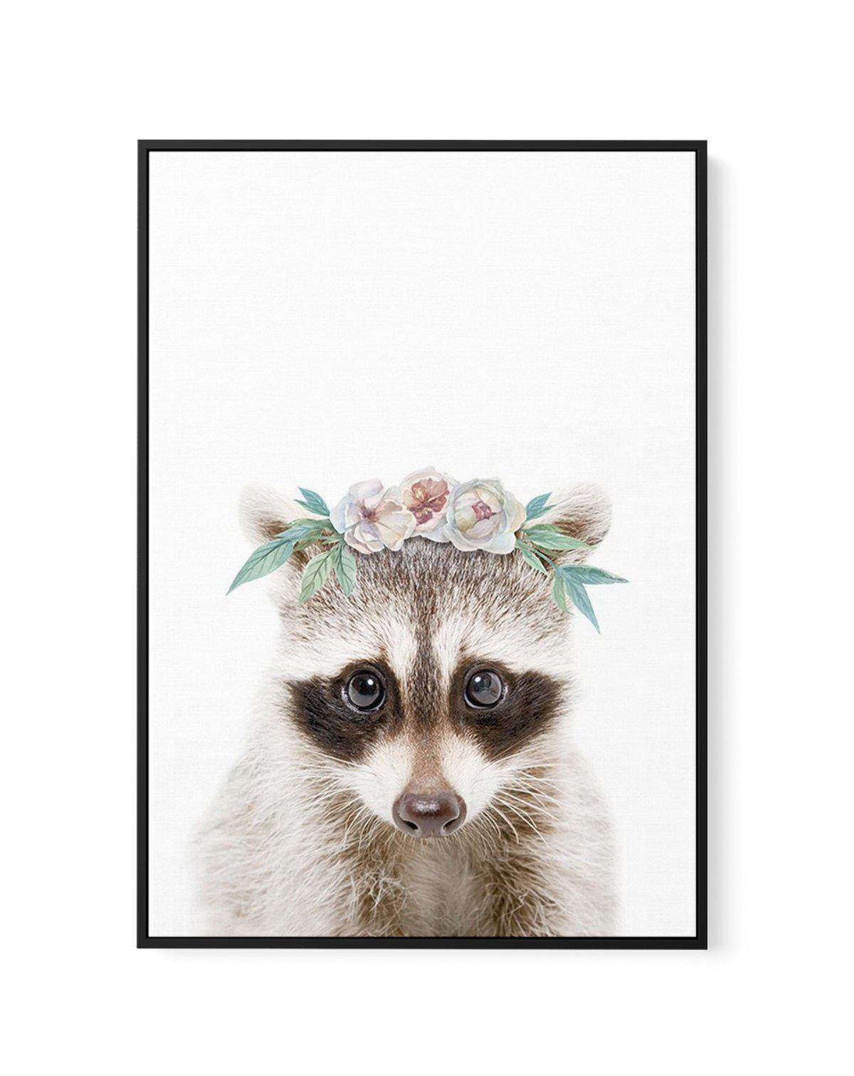 Little Raccoon | Flower Crown | Framed Canvas-CANVAS-You can shop wall art online with Olive et Oriel for everything from abstract art to fun kids wall art. Our beautiful modern art prints and canvas art are available from large canvas prints to wall art paintings and our proudly Australian artwork collection offers only the highest quality framed large wall art and canvas art Australia - You can buy fashion photography prints or Hampton print posters and paintings on canvas from Olive et Oriel 