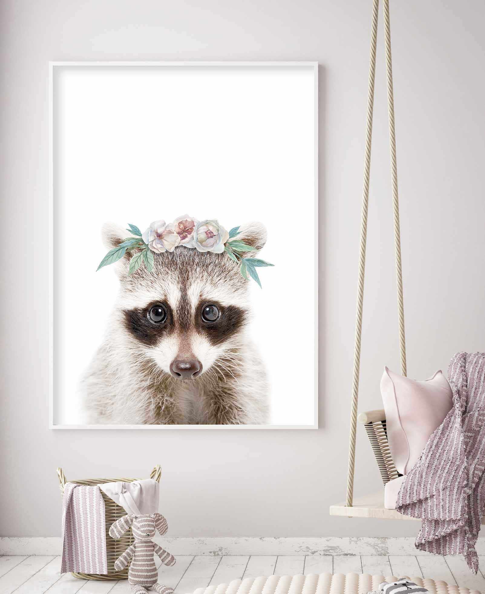 Little Raccoon | Flower Crown Art Print-PRINT-Olive et Oriel-Olive et Oriel-Buy-Australian-Art-Prints-Online-with-Olive-et-Oriel-Your-Artwork-Specialists-Austrailia-Decorate-With-Coastal-Photo-Wall-Art-Prints-From-Our-Beach-House-Artwork-Collection-Fine-Poster-and-Framed-Artwork