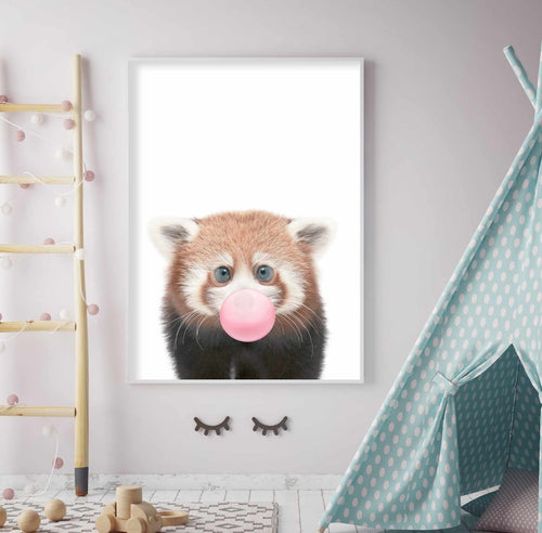 Little Red Panda | Blowing Pink Bubble Art Print-PRINT-Olive et Oriel-Olive et Oriel-Buy-Australian-Art-Prints-Online-with-Olive-et-Oriel-Your-Artwork-Specialists-Austrailia-Decorate-With-Coastal-Photo-Wall-Art-Prints-From-Our-Beach-House-Artwork-Collection-Fine-Poster-and-Framed-Artwork