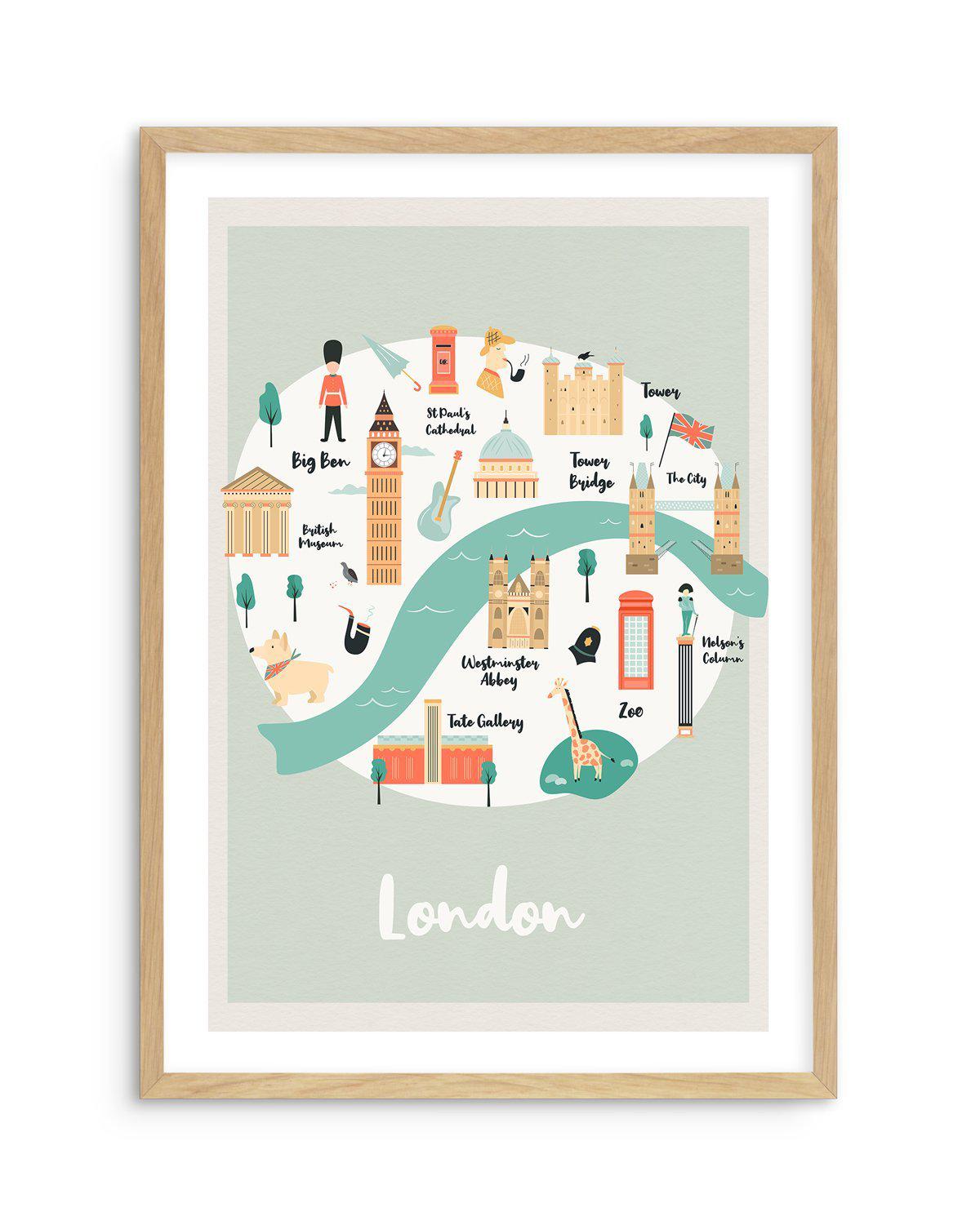 London Map Illustration Art Print-PRINT-Olive et Oriel-Olive et Oriel-A5 | 5.8" x 8.3" | 14.8 x 21cm-Oak-With White Border-Buy-Australian-Art-Prints-Online-with-Olive-et-Oriel-Your-Artwork-Specialists-Austrailia-Decorate-With-Coastal-Photo-Wall-Art-Prints-From-Our-Beach-House-Artwork-Collection-Fine-Poster-and-Framed-Artwork