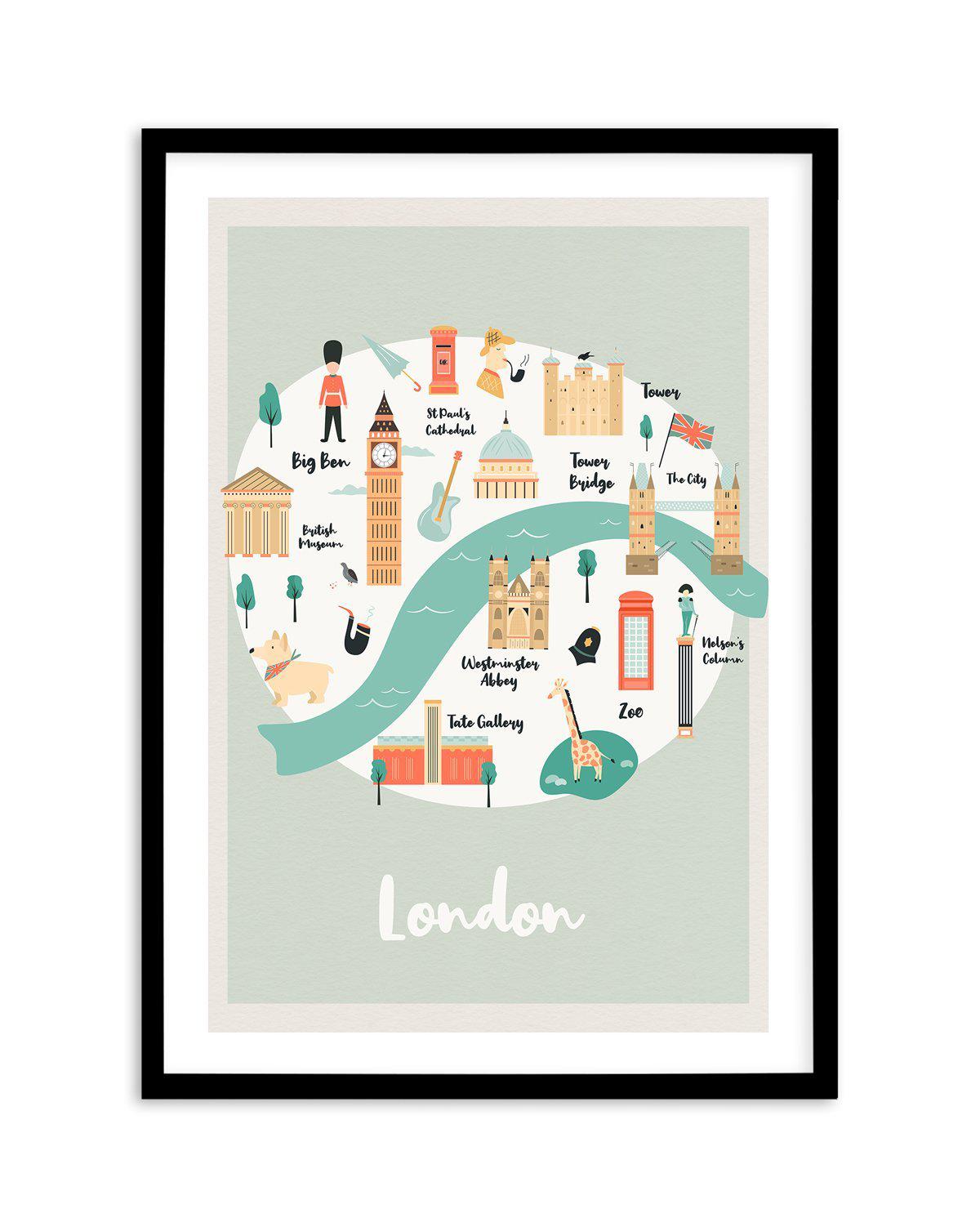 London Map Illustration Art Print-PRINT-Olive et Oriel-Olive et Oriel-A5 | 5.8" x 8.3" | 14.8 x 21cm-Black-With White Border-Buy-Australian-Art-Prints-Online-with-Olive-et-Oriel-Your-Artwork-Specialists-Austrailia-Decorate-With-Coastal-Photo-Wall-Art-Prints-From-Our-Beach-House-Artwork-Collection-Fine-Poster-and-Framed-Artwork