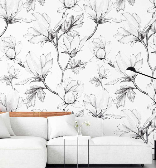 Magnolia Sketch Wallpaper-Wallpaper-Buy-Australian-Removable-Wallpaper-Now-In-Black-&-White-Wallpaper-Peel-And-Stick-Wallpaper-Online-At-Olive-et-Oriel-Custom-Made-Wallpapers-Wall-Papers-Decorate-Your-Bedroom-Living-Room-Kids-Room-or-Commercial-Interior