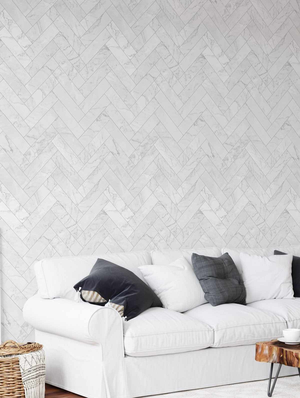 Marble Herringbone Tile Wallpaper - Olive et Oriel