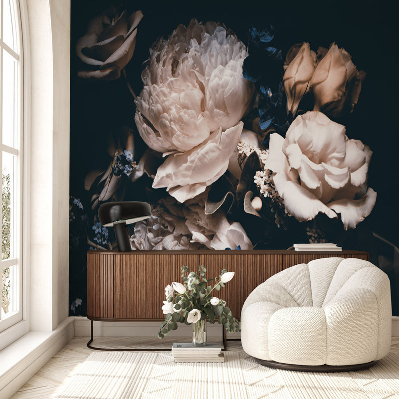 SHOP Soft Roses on Black Background Self-adhesive Wallpaper Mural