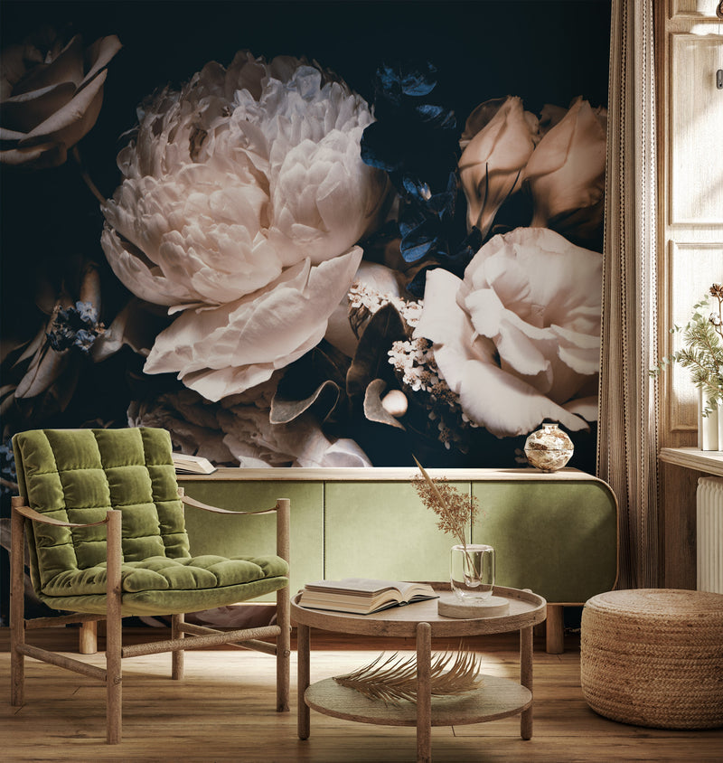 SHOP Soft Roses on Black Background Self-adhesive Wallpaper Mural