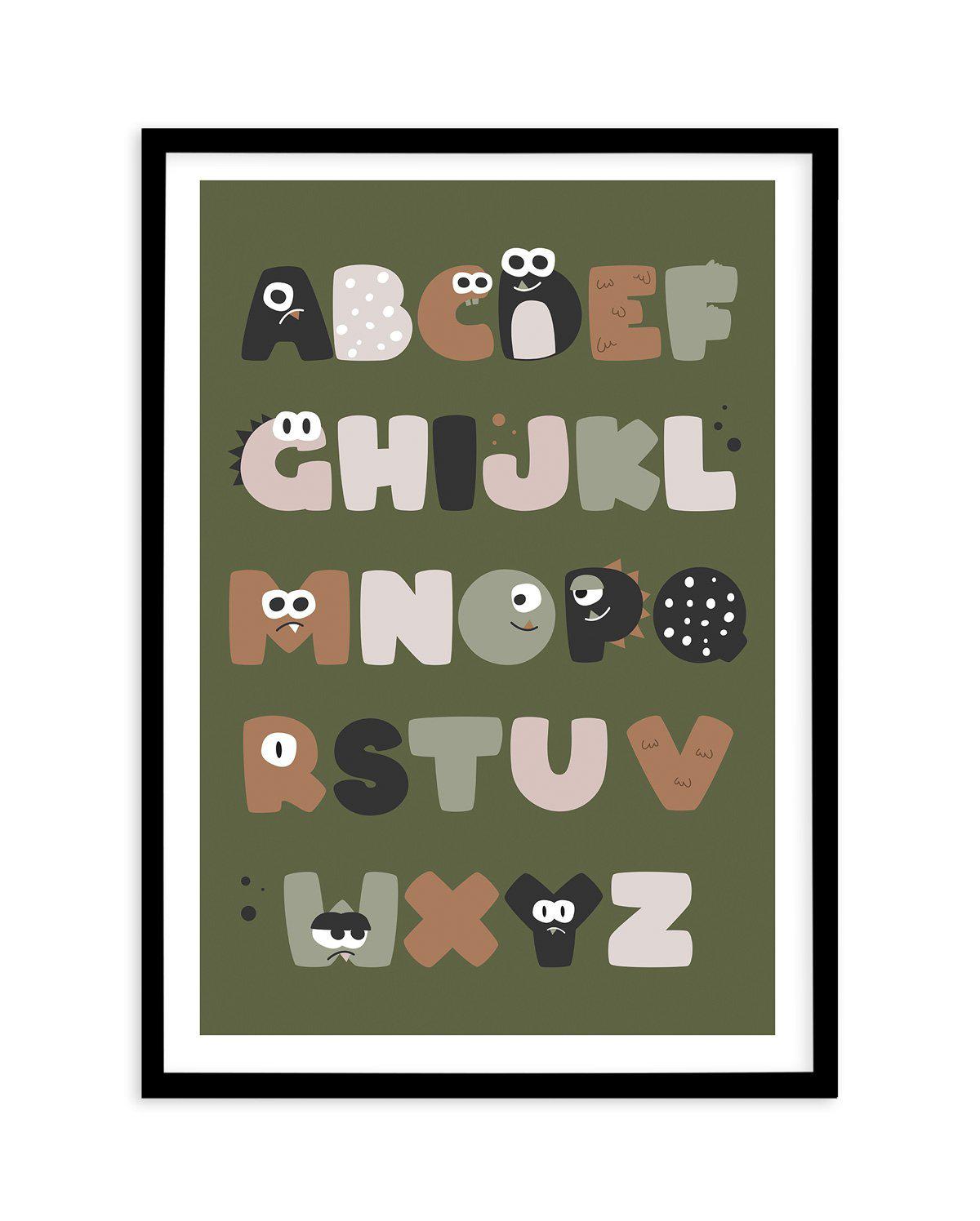 Monster Alphabet | Khaki Art Print-PRINT-Olive et Oriel-Olive et Oriel-A5 | 5.8" x 8.3" | 14.8 x 21cm-Black-With White Border-Buy-Australian-Art-Prints-Online-with-Olive-et-Oriel-Your-Artwork-Specialists-Austrailia-Decorate-With-Coastal-Photo-Wall-Art-Prints-From-Our-Beach-House-Artwork-Collection-Fine-Poster-and-Framed-Artwork