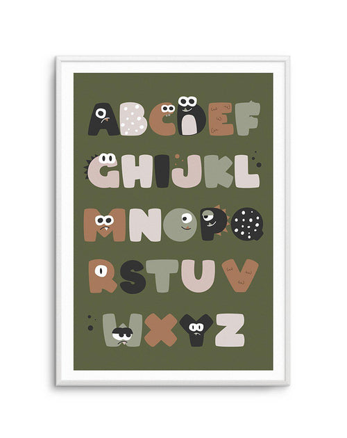 Monster Alphabet | Khaki Art Print-PRINT-Olive et Oriel-Olive et Oriel-A5 | 5.8" x 8.3" | 14.8 x 21cm-Unframed Art Print-With White Border-Buy-Australian-Art-Prints-Online-with-Olive-et-Oriel-Your-Artwork-Specialists-Austrailia-Decorate-With-Coastal-Photo-Wall-Art-Prints-From-Our-Beach-House-Artwork-Collection-Fine-Poster-and-Framed-Artwork