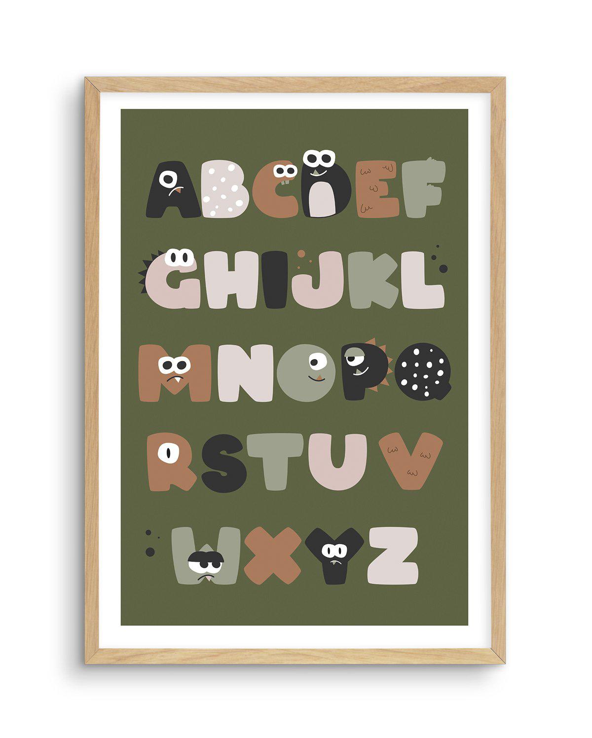 Monster Alphabet | Khaki Art Print-PRINT-Olive et Oriel-Olive et Oriel-A5 | 5.8" x 8.3" | 14.8 x 21cm-Oak-With White Border-Buy-Australian-Art-Prints-Online-with-Olive-et-Oriel-Your-Artwork-Specialists-Austrailia-Decorate-With-Coastal-Photo-Wall-Art-Prints-From-Our-Beach-House-Artwork-Collection-Fine-Poster-and-Framed-Artwork