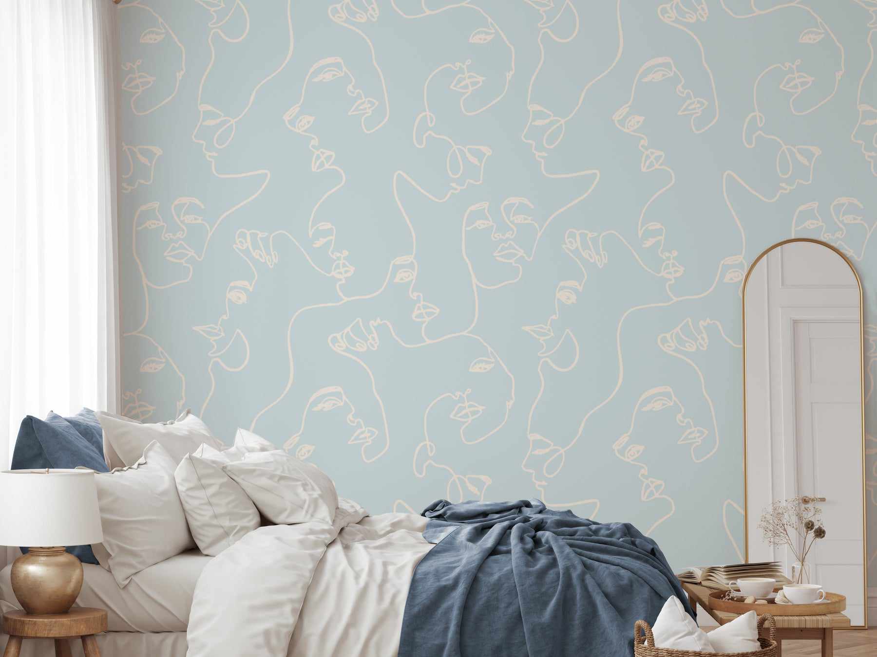 Faces in Duck Egg Blue Wallpaper