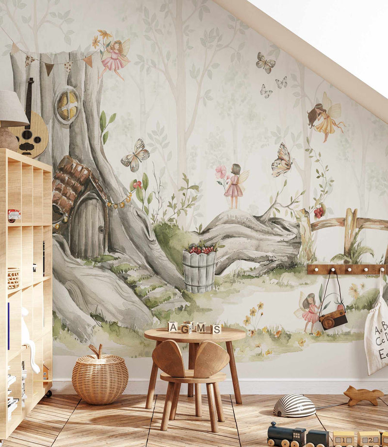 Fairy Forest Houses Self-adhesive Removable Mural, Decal, Nursery Decor,  Tapestry, Backdrop. Interior Design, Custom Size 
