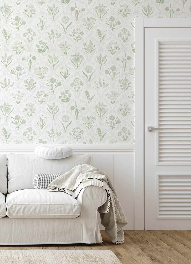 Arch Blooms Sage Green Wallpaper