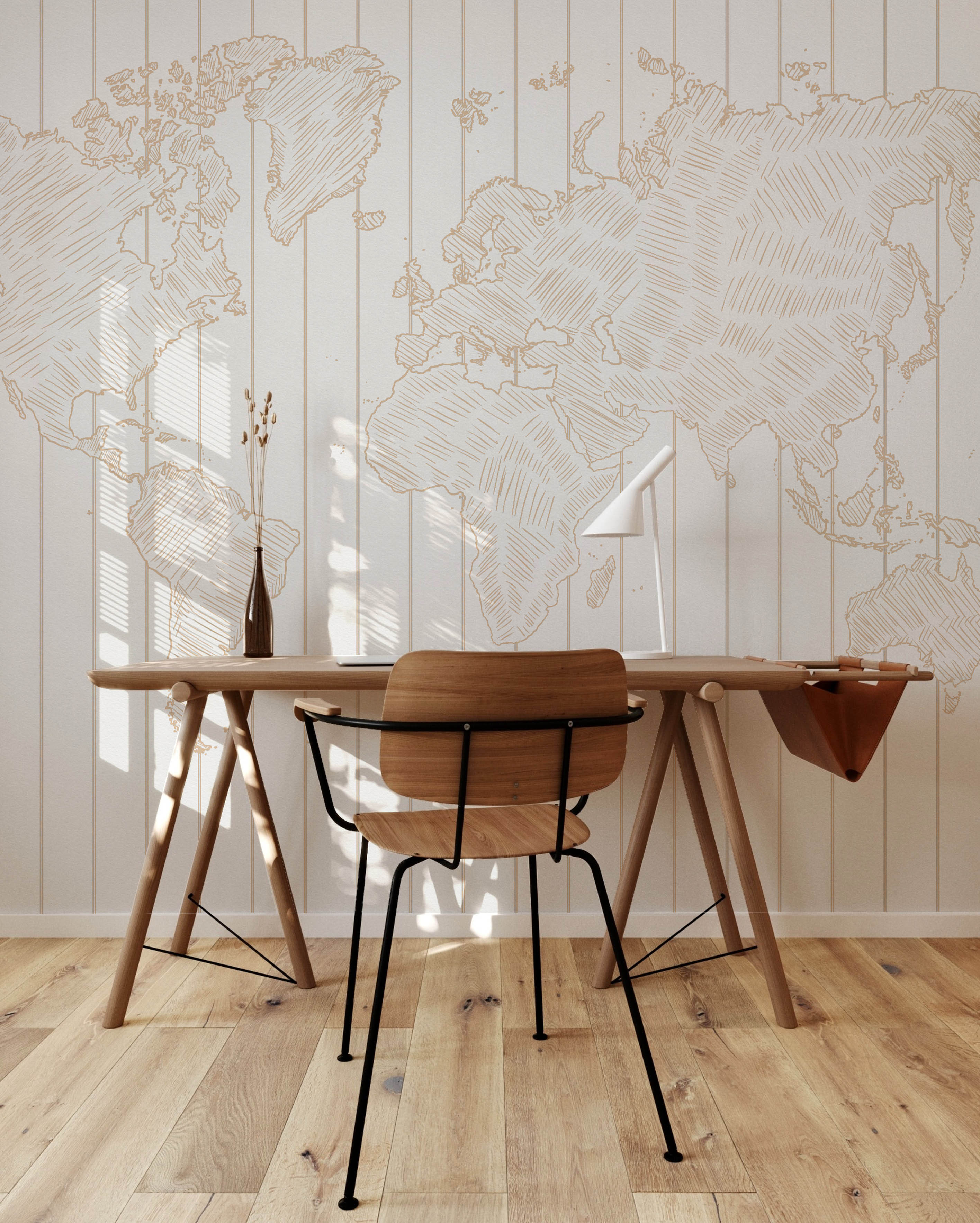 Sketched Stripe Beige Map Wallpaper Mural