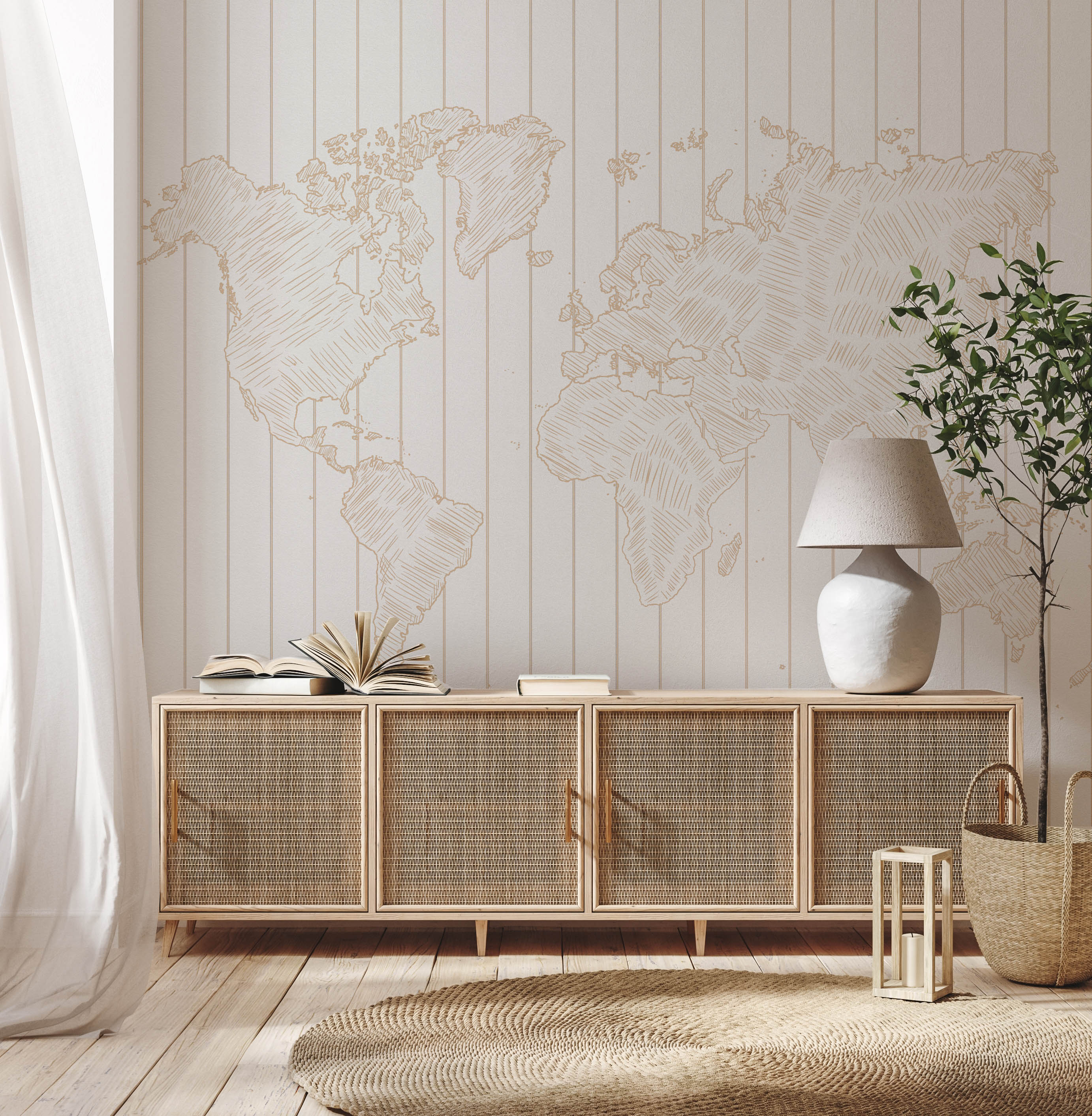 Sketched Stripe Beige Map Wallpaper Mural