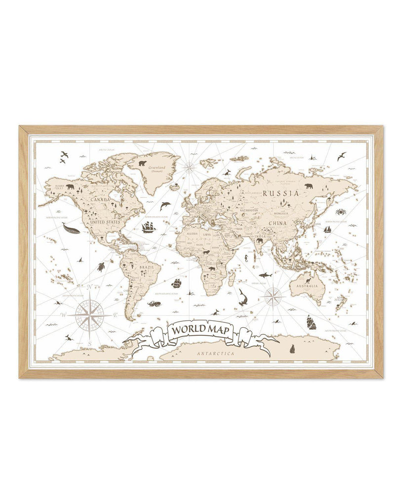 World Map | Beige Art Print-PRINT-Olive et Oriel-Olive et Oriel-A5 | 5.8" x 8.3" | 14.8 x 21cm-Oak-With White Border-Buy-Australian-Art-Prints-Online-with-Olive-et-Oriel-Your-Artwork-Specialists-Austrailia-Decorate-With-Coastal-Photo-Wall-Art-Prints-From-Our-Beach-House-Artwork-Collection-Fine-Poster-and-Framed-Artwork