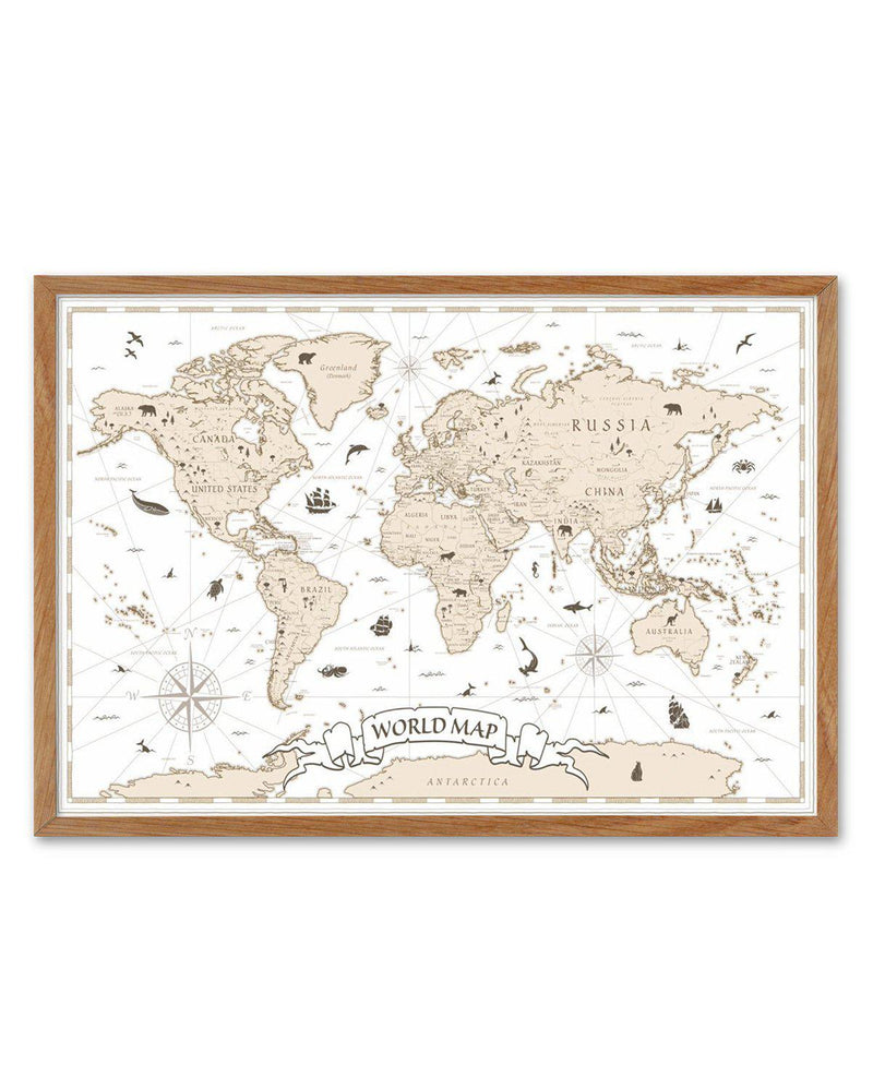 World Map | Beige Art Print-PRINT-Olive et Oriel-Olive et Oriel-50x70 cm | 19.6" x 27.5"-Walnut-With White Border-Buy-Australian-Art-Prints-Online-with-Olive-et-Oriel-Your-Artwork-Specialists-Austrailia-Decorate-With-Coastal-Photo-Wall-Art-Prints-From-Our-Beach-House-Artwork-Collection-Fine-Poster-and-Framed-Artwork