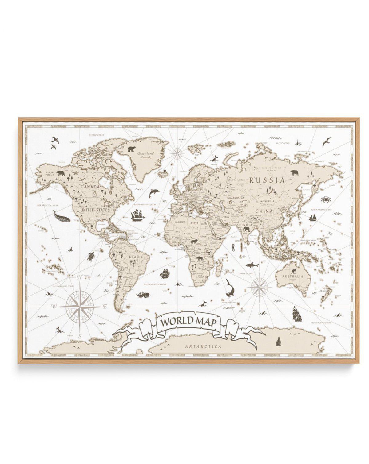 World Map | Beige | Framed Canvas-CANVAS-You can shop wall art online with Olive et Oriel for everything from abstract art to fun kids wall art. Our beautiful modern art prints and canvas art are available from large canvas prints to wall art paintings and our proudly Australian artwork collection offers only the highest quality framed large wall art and canvas art Australia - You can buy fashion photography prints or Hampton print posters and paintings on canvas from Olive et Oriel and have the