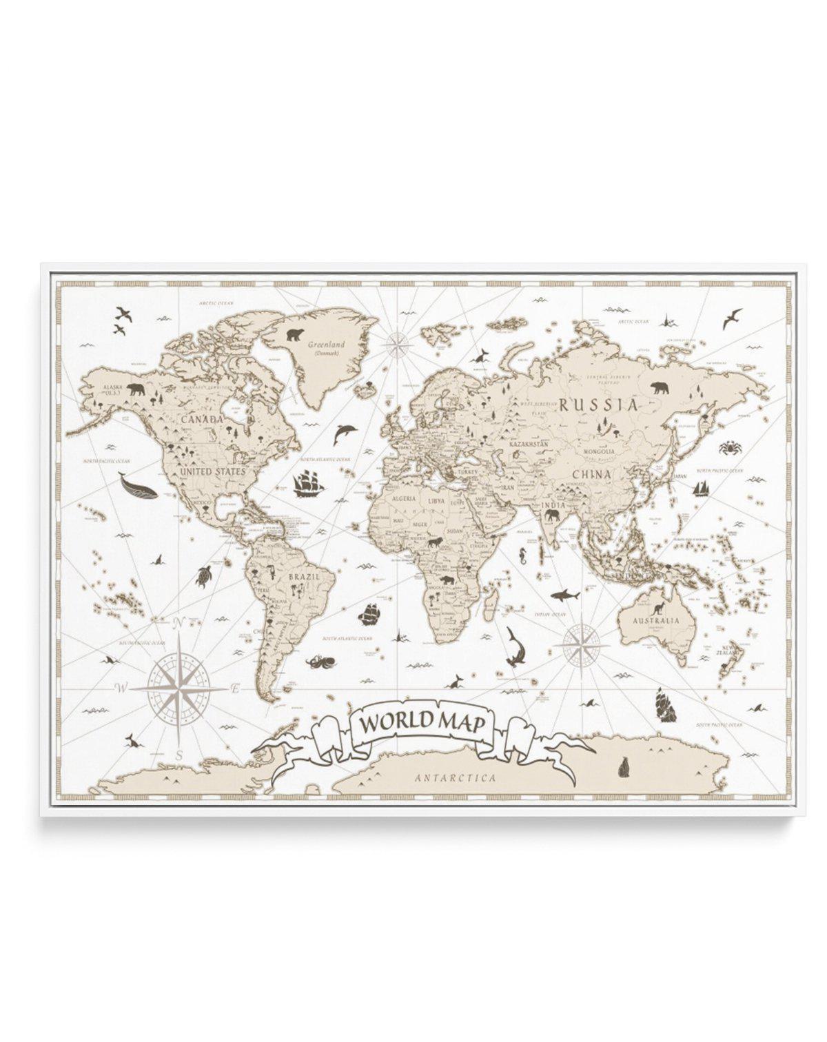 World Map | Beige | Framed Canvas-CANVAS-You can shop wall art online with Olive et Oriel for everything from abstract art to fun kids wall art. Our beautiful modern art prints and canvas art are available from large canvas prints to wall art paintings and our proudly Australian artwork collection offers only the highest quality framed large wall art and canvas art Australia - You can buy fashion photography prints or Hampton print posters and paintings on canvas from Olive et Oriel and have the