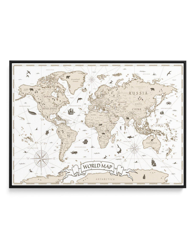 World Map | Beige | Framed Canvas-CANVAS-You can shop wall art online with Olive et Oriel for everything from abstract art to fun kids wall art. Our beautiful modern art prints and canvas art are available from large canvas prints to wall art paintings and our proudly Australian artwork collection offers only the highest quality framed large wall art and canvas art Australia - You can buy fashion photography prints or Hampton print posters and paintings on canvas from Olive et Oriel and have the
